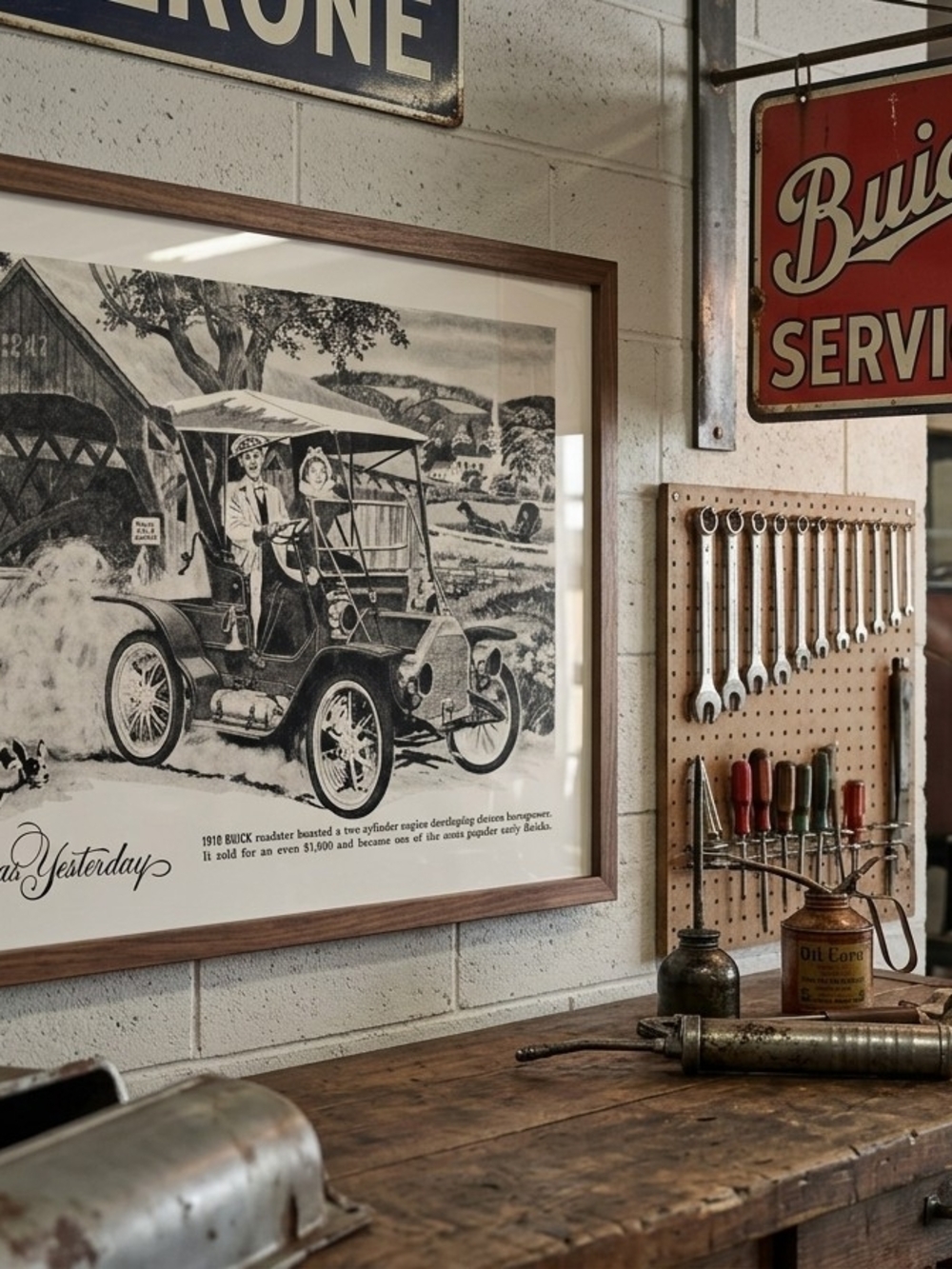 Vintage print advertisement features a 1910 Buick Roadster